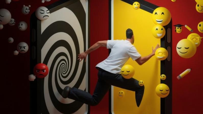 An illustration of a man leaping out of one black and white mobile phone surrounded by angry and sad emojis, and into one with a yellow screen surrounded by happy emojis