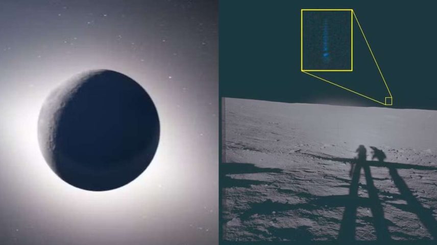 À esquerda imagem capturada pela Artemis II durante missão no espaço. À direita foto tirada por astronauta da Apollo 12 na Lua em 1969 mostra fenômeno não identificado, aumentado com edição posterior, visto pela tripulação