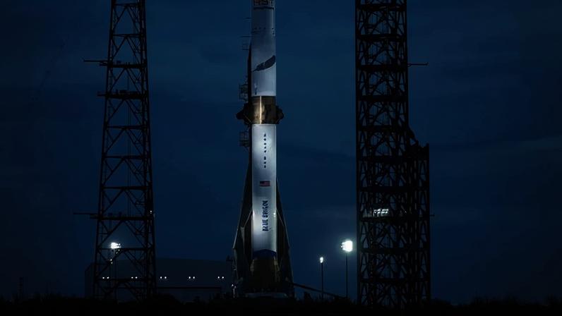 A Blue Origin New Glenn rocket in April. One of the rockets blew up on the launchpad in Florida on Thursday night.