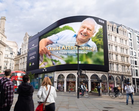 A billboard of David Attenborough, to celebrate his 100th birthday, at Piccadilly Circus, London, 8 May 2026.