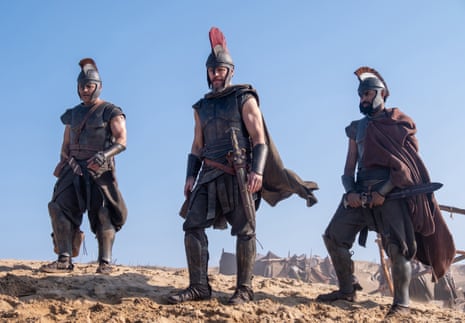 War is over … Jimmy Gonzales as Cepheus, Matt Damon as Odysseus and Himesh Patel as Eurylochus in a scene from The Odyssey.