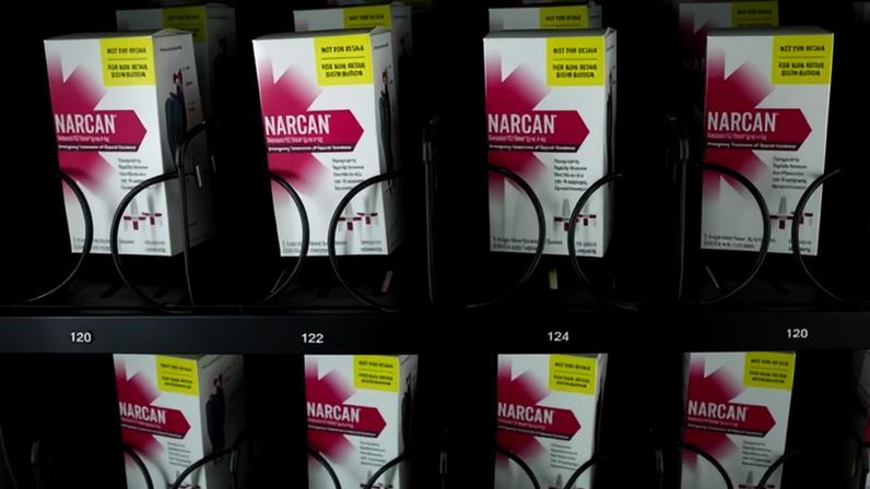 Free Narcan inside a vending machine at the 47th Street CTA station in Chicago on 15 September 2025.