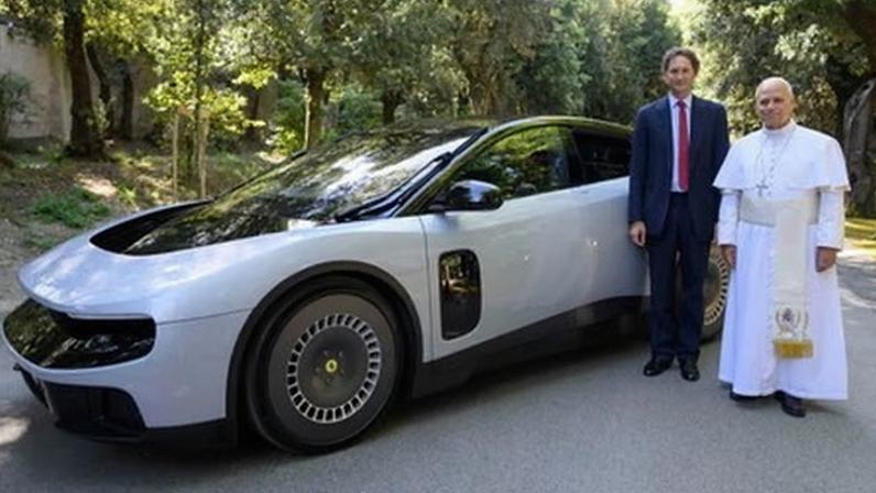 Pope Leo XIV got the chance to sit in the driver's seat of the newly unveiled Ferrari Luce in Castel Gandolfo, near Rome, Italy