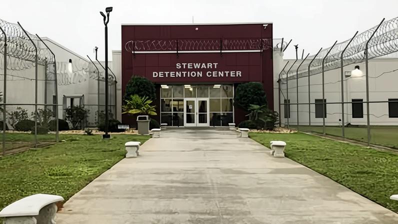 The entrance to the Stewart detention center is pictured in Lumpkin, Georgia, in 2018.