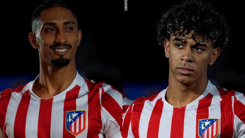 Raphinha e Yamal em montagem com as camisas do Atlético de Madrid (Foto/Reprodução/Redes Sociais - @Atleti)