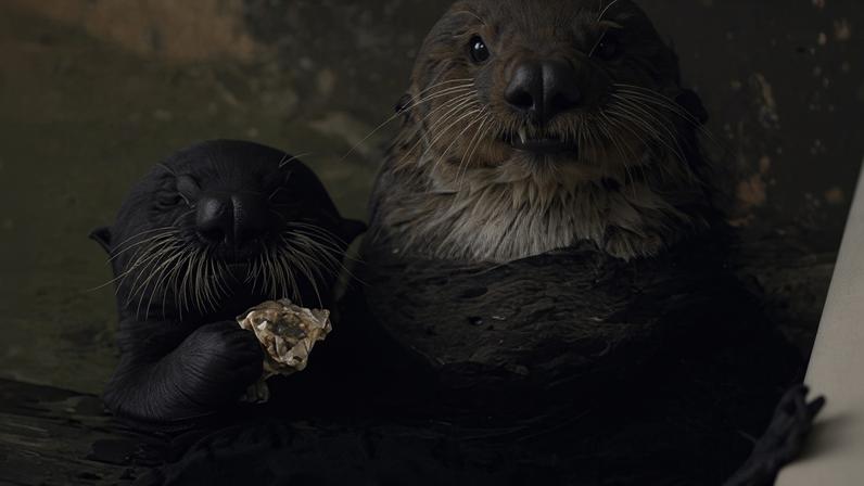 Baby sea otter, Sunny, left, and Rey, her adoptive mother, eat at the Aquarium of the Pacific in Long Beach, California, this week.