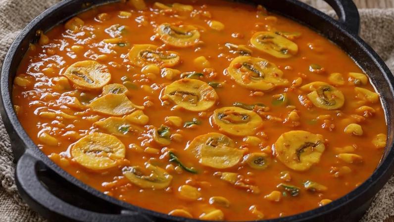 Curry de cogumelo com grão-de-bico e espinafre