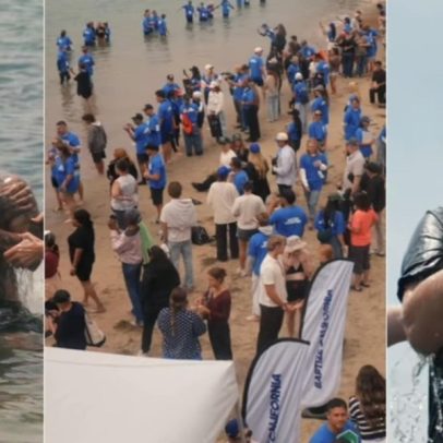 Igrejas unem-se e promovem batismo de centenas na praia da Califórnia