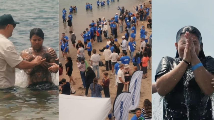 Pessoas se reúnem para serem batizadas na Pirate’s Cove. (Captura de tela / Baptize California)