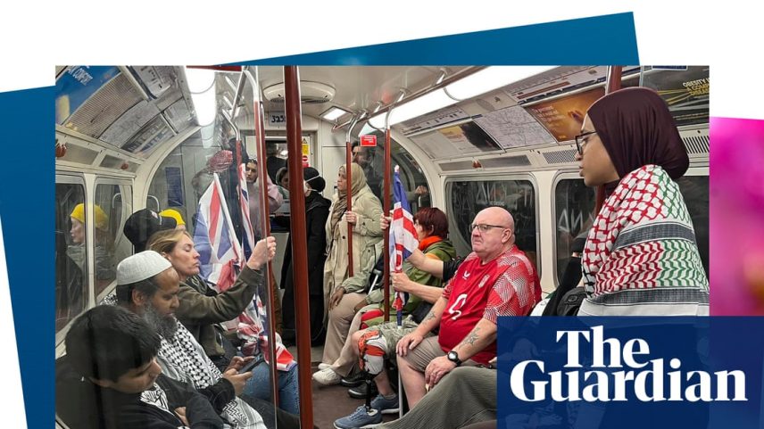 People on the tube after the Palestine and Unite the Kingdom marches, London. Photograph: Danny Briottet