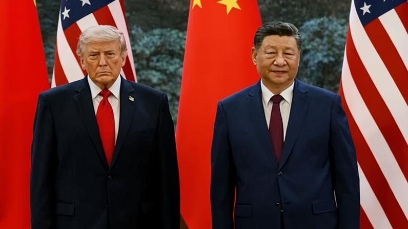 President Trump and President Xi Jinping stand side by side in front of American and Chinese flags