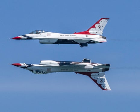 Two US air force Thunderbirds perform practice moves over Ft Lauderdale Beach, Florida, on 8 May 2026.