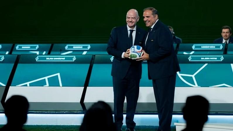 Gianni Infantino and Victor Montagliani, the president of Concacaf, in Vancouver. Montagliani is seen as a possible Fifa presidential candidate in 2031.