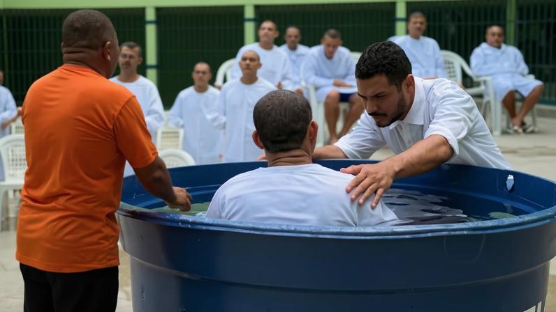 Presos em penitenciária do Piauí participam de batismo e cantam louvores