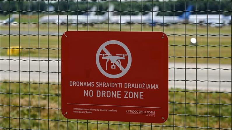 A sign 'No Drone Zone' seen at the fence of Vilnius airport.