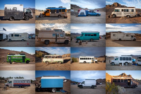 grid of different trailers and vans in the desert