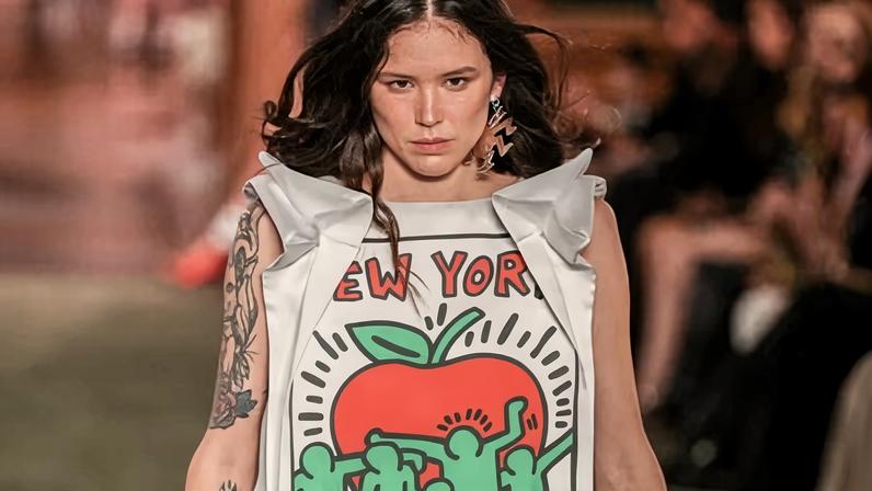 A model wears a top with Keith Haring 'New York' motif