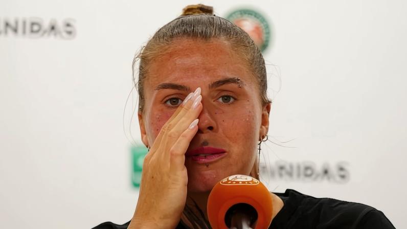 Oleksandra Oliynykova is overcome with emotion during her press conference at Roland Garros.