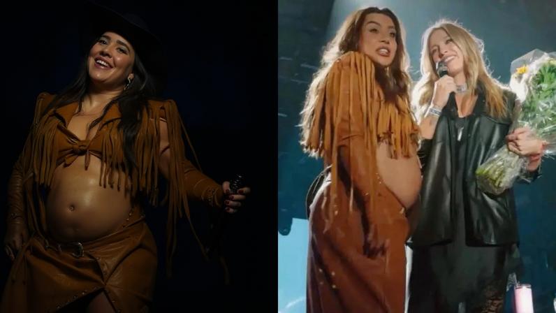 Grávida de 7 meses, Lauana Prado ganha flores da noiva, Tati Dias, e tem nome real revelado em surpresa romântica durante show. Veja!
