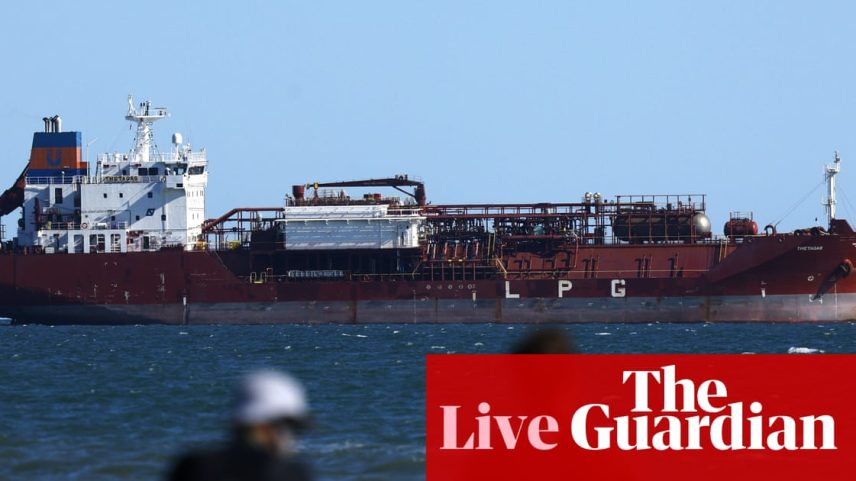On oil tanker near the port in Fos-sur-Mer, Southern France.