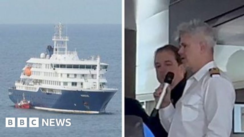 Split screen of captain speaking into a microphone and a cruise ship