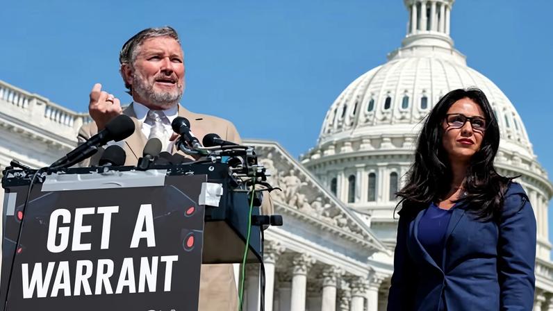 Thomas Massie pictured with Lauren Boebert at an April news conference on their proposed legislation that would require government agencies to obtain a warrant before conducting surveillance on US citizens