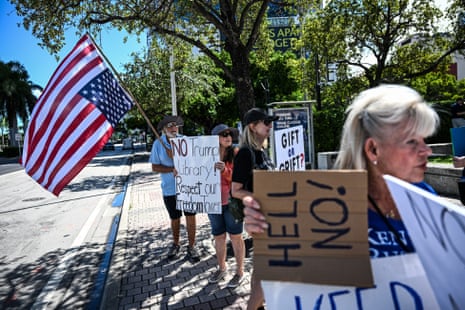 Protesters demonstrate against plans to build a Trump library near Miami's Freedom Tower in Florida on 29 September 2025.