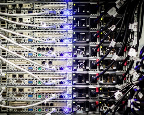 Server rack cables and LED lights at T-Systems datacentre in Germany