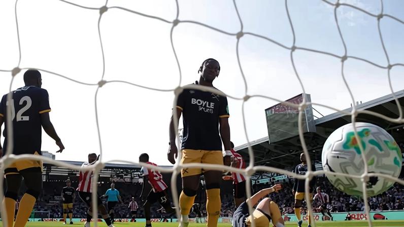West Ham's Konstantinos Mavropanos scores an own goal to put Brentford in front.