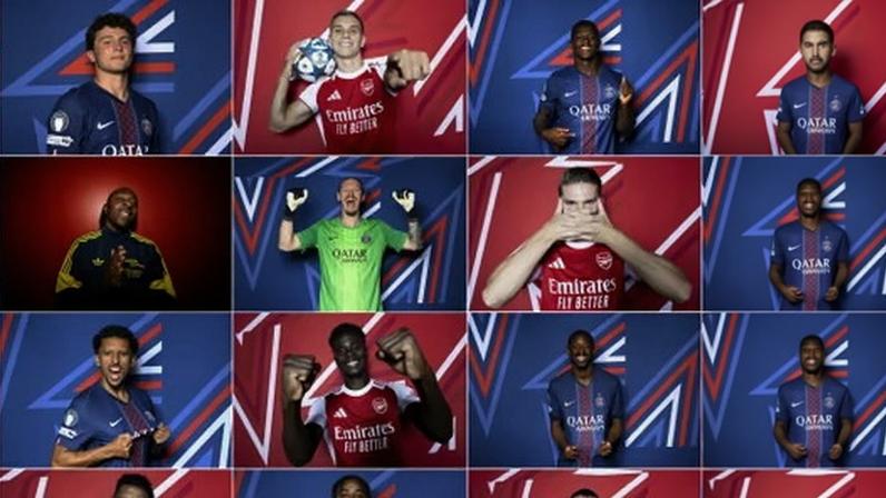Red and blue composite of PSG and Arsenal players.