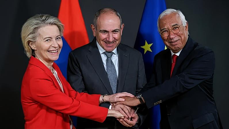 Armenia's Prime Minister Nikol Pashinyan (C) pictured with the leaders of the European Commission and European Council in July