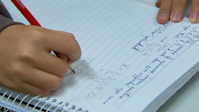 Pessoa escrevendo anotações e fórmulas matemáticas em um caderno com lápis