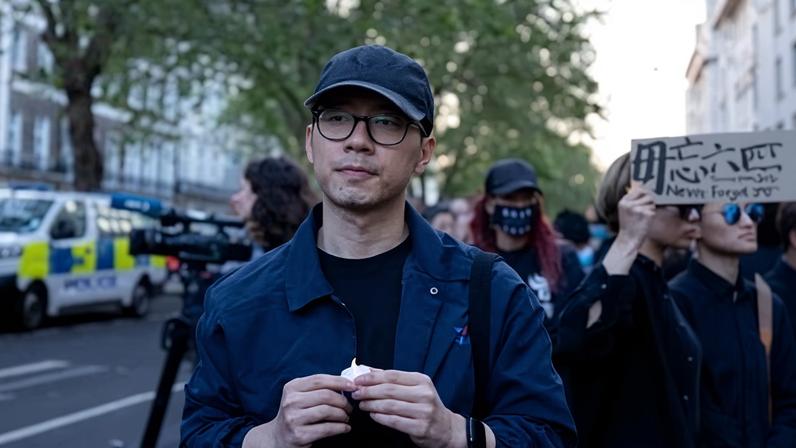 Nathan Law at a vigil outside the Chinese embassy in London in memory of the 1989 Tiananmen Square victims in June 2023.