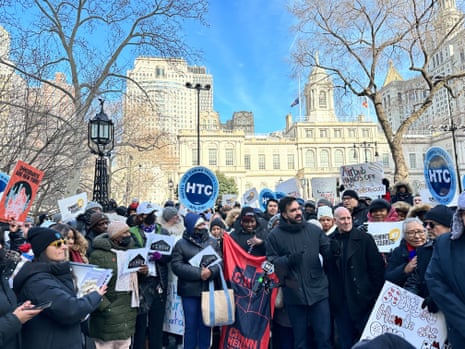 Tenants Not Tourists members rally outside City Hall in January 2025 to protest Airbnb-backed bills to lift short-term rental restrictions in New York City.