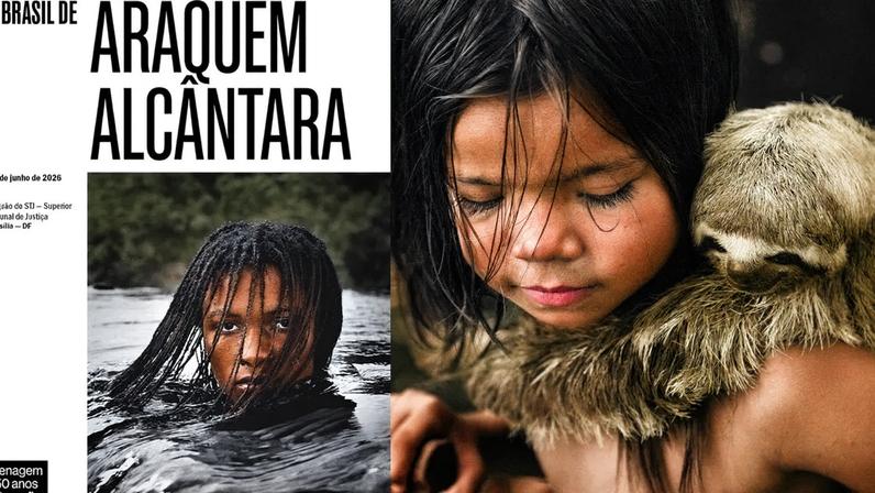 À esquerda, cartaz da exposição “O Brasil de Araquém Alcântara”. À direita, menina ribeirinha com bicho