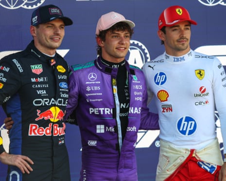 Kimi Antonelli (centre) celebrates securing pole in Miami ahead of Max Verstappen (left) and Charles Leclerc.