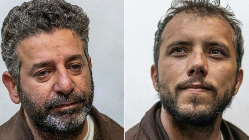 Fotomontagem com imagens do palestino-espanhol Saif Abu Keshek (à esquerda) e do brasileiro Thiago Ávila ao chegarem ao tribunal de Ascalão, no sul de Israel, em 5 de maio de 2026.