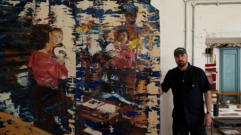 ‘I like to spend the night with my paintings’ … Angel Otero in his Somerset studio with new work A Sailor Before the Mirror.