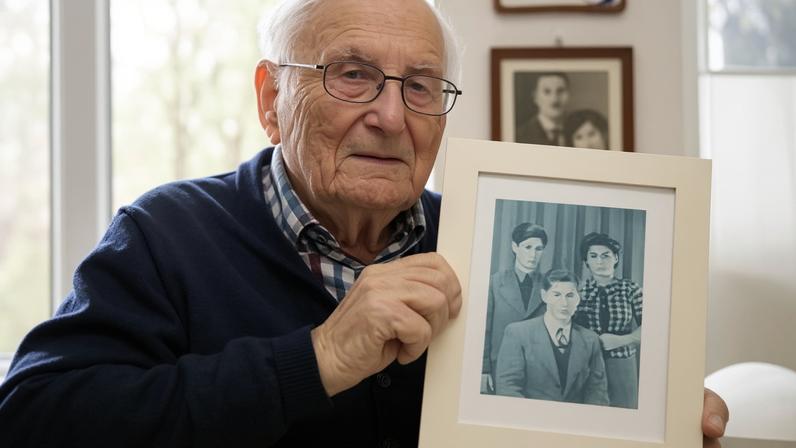 Albrecht Weinberg at his home in Germany with a photograph of himself with his brother Dieter and sister Friedel. He lost most of his family in the Holocaust.