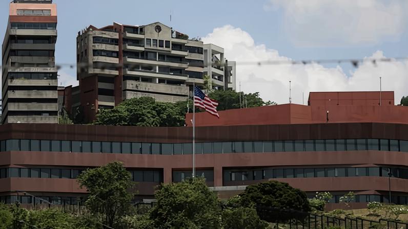The facade of the United States embassy building in Caracas, Venezuela.