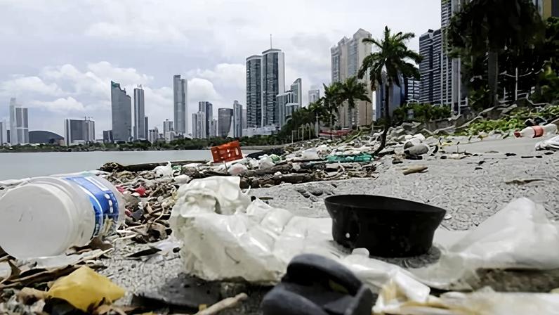 Plastic waste accumulates on a beach near Panama City.