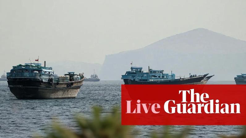 Vessels in the strait of Hormuz off Oman. Oil prices hit a two-week low on news that the US and Iran might be close to securing a peace deal involving reopening the waterway. Follow for latest updates on the Middle East crisis, live.