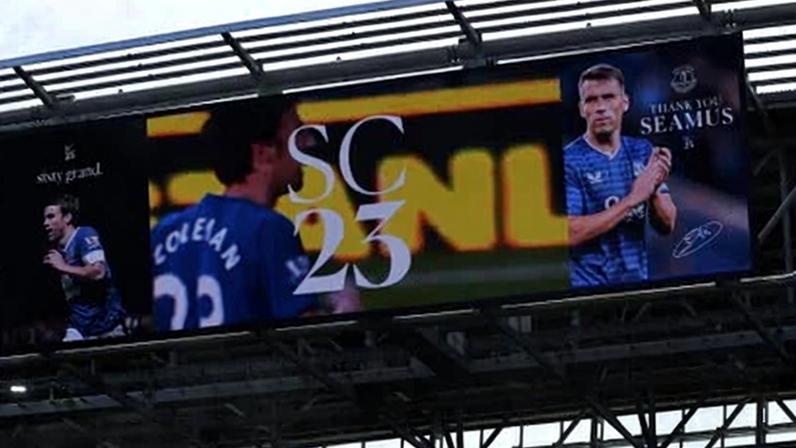 The big screen at Hill Dickinson Stadium shows a tribute to Seamus Coleman, who will end his 17-year Everton playing career this summer.