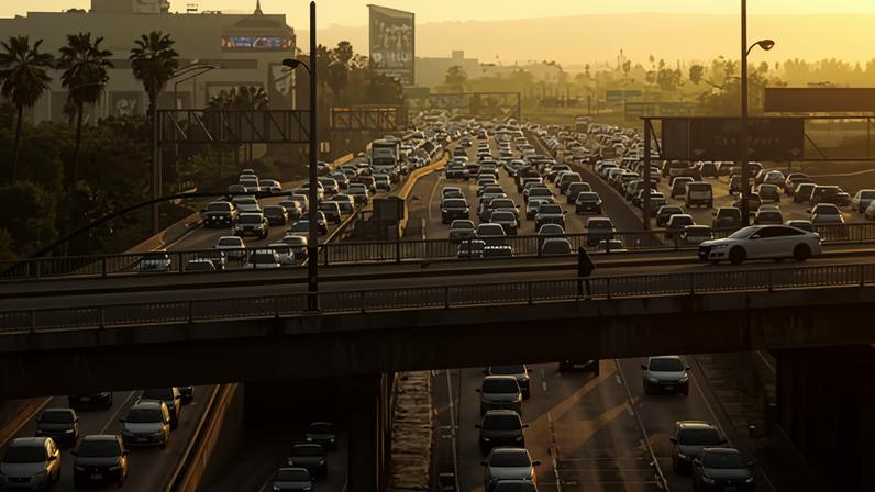 Traffic crawls in both directions of the Harbor freeway in downtown Los Angeles.