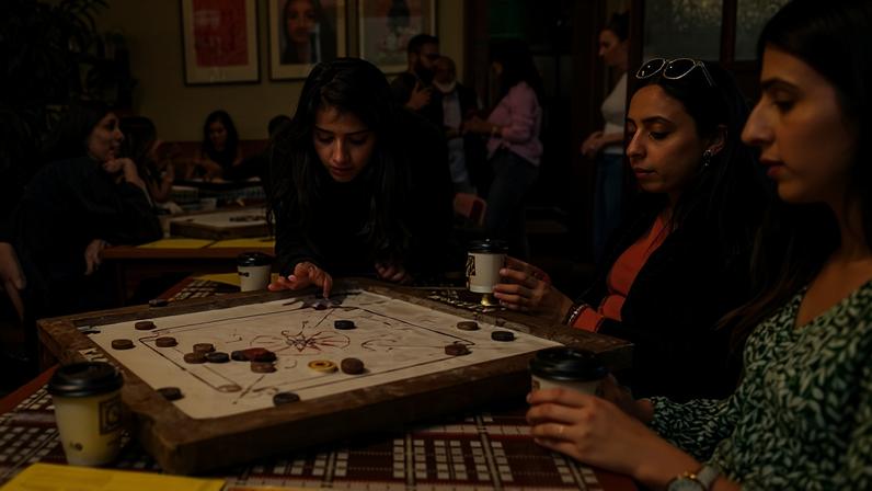 A crowded room of people playing carrom