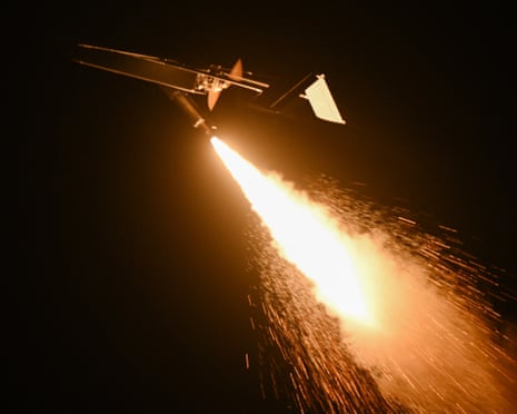 A Ukrainian long-range drone is launched using a rocket booster at an undisclosed location on 16 May as the major attack on Moscow commenced.