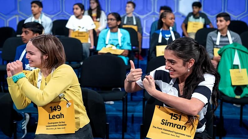 Leah Marie Rini and Simran Sanders give another speller encouragement during last year’s National Spelling Bee.