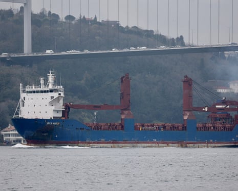 The Ursa Major in the Bosphorus in Istanbul. The Russian cargo ship was purportedly sailing from St Petersburg to Vladivostok when it sank off the coast of Spain in 23 December 2024.