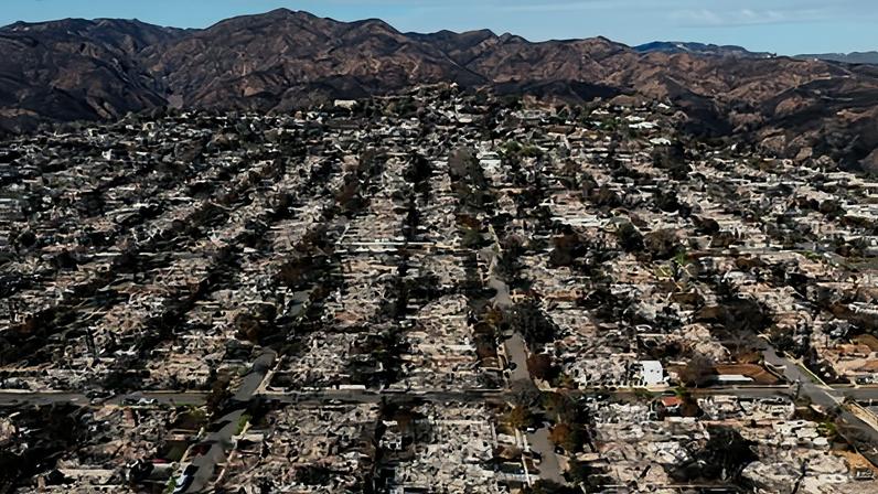 The devastation from the Palisades fire is shown in an aerial view of Los Angeles on 27 January 2025.