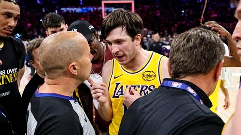 Lakers guard Austin Reaves talks with referee John Goble after their loss to the Thunder in Thursday night’s Game 2.